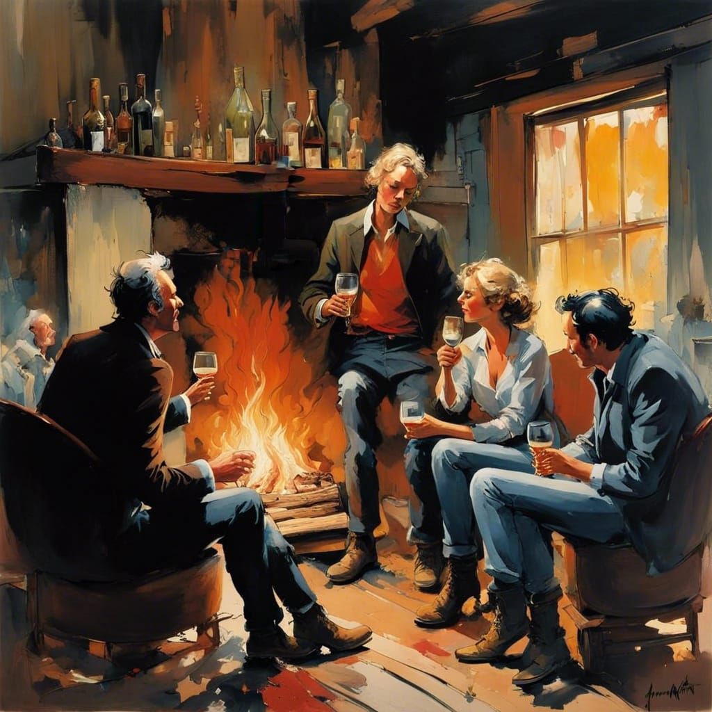 Relaxed Gathering by Fire, Marbling and Splatter Art