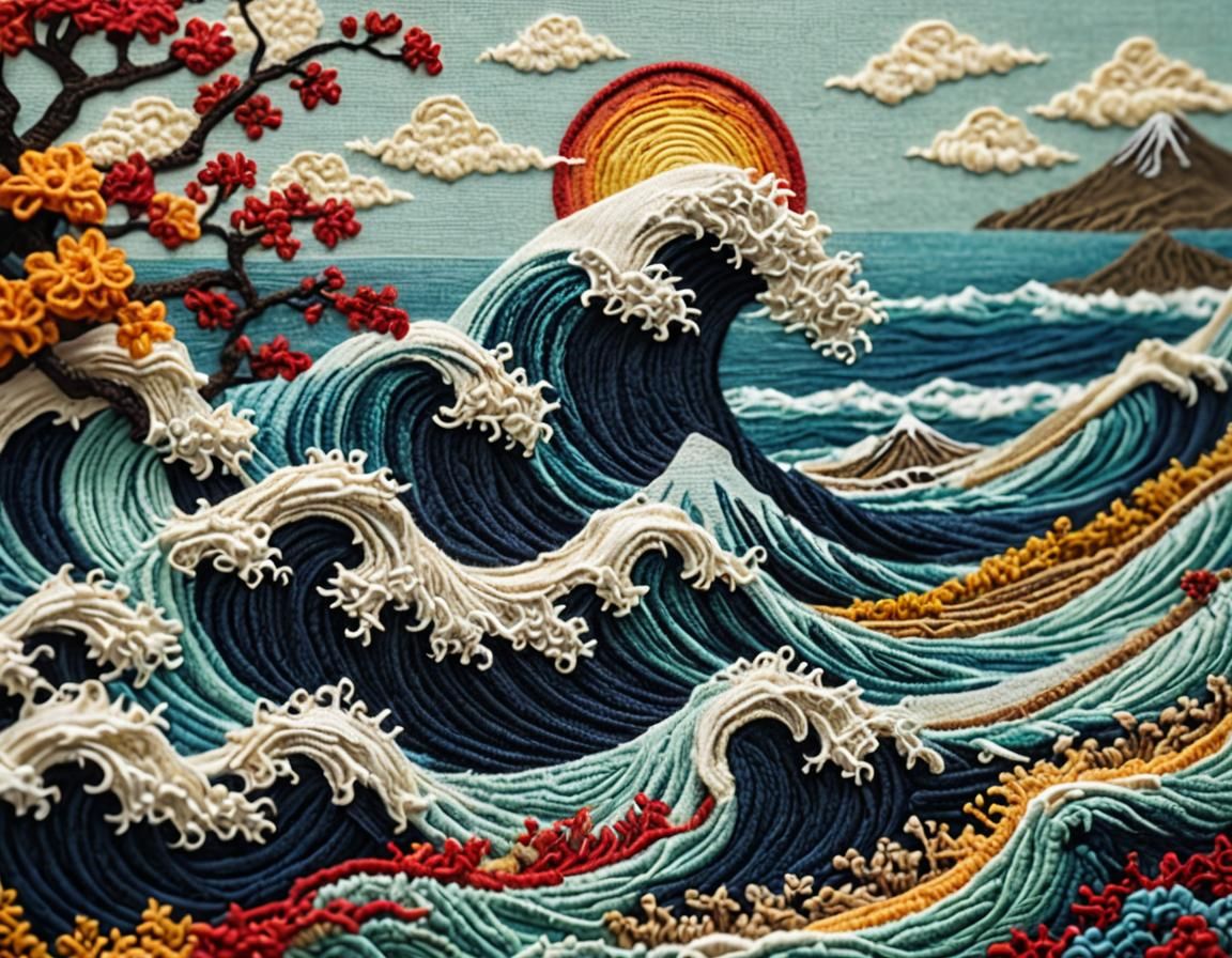 Hypermaximalist Crochet Great Wave Embroidery Artwork