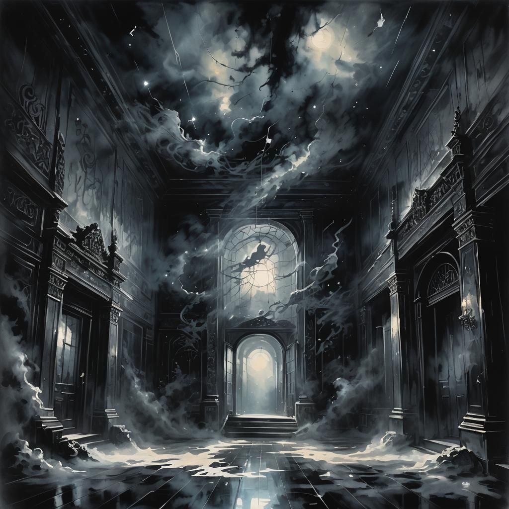 Sinister Black Hall with Mist in Gothic Style