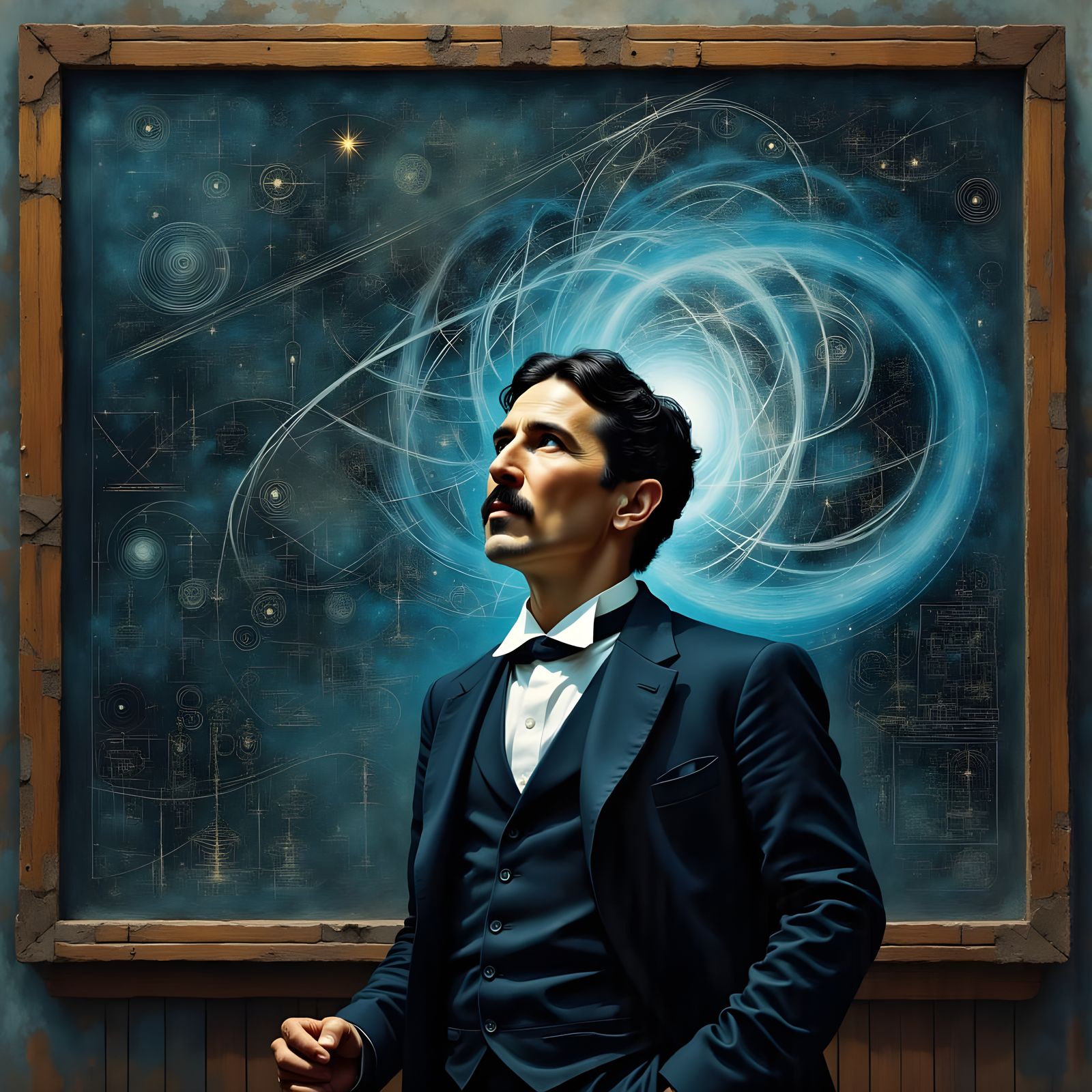 Nikola Tesla Ponders Electromagnetic Innovations in a Cosmic...