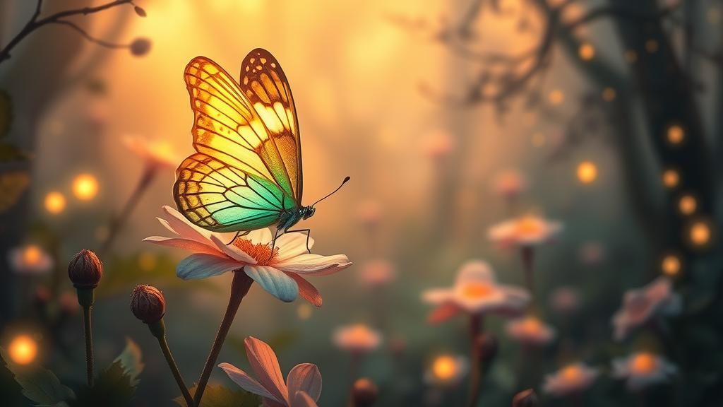 Iridescent Butterfly in Glowing Mushroom Forest