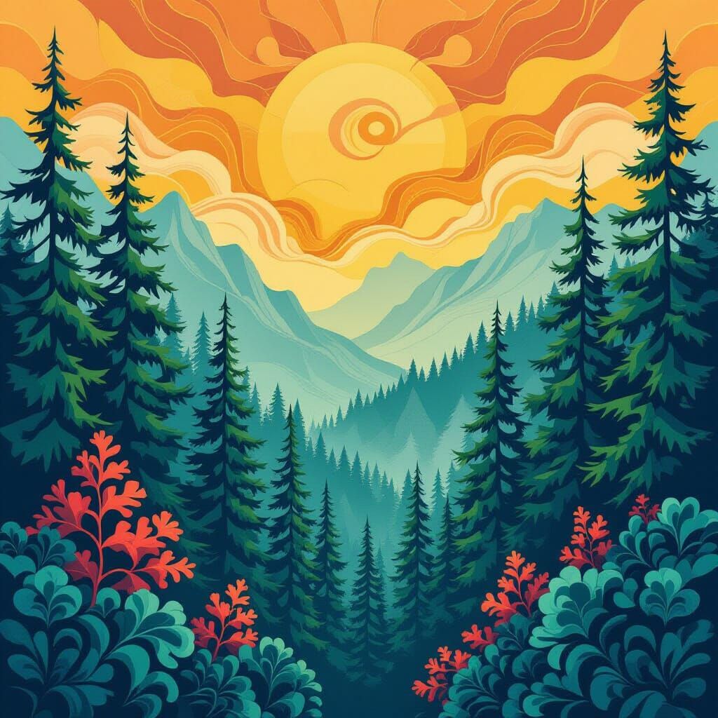 Abstract Evergreen Forest in 3D Zentangle Style