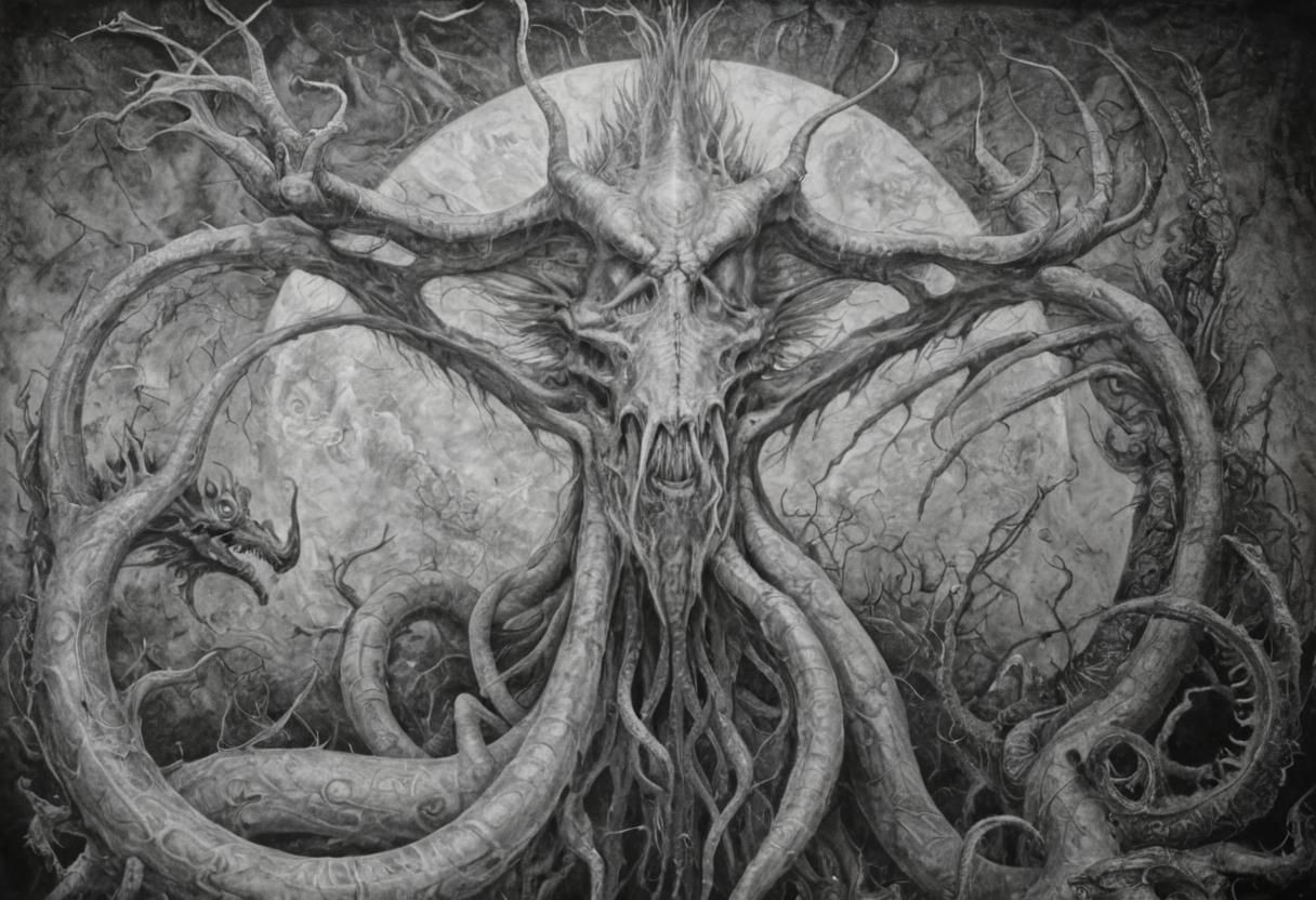 Eldrazi Giant in Cyberspace: Surreal Fantasy Drawing