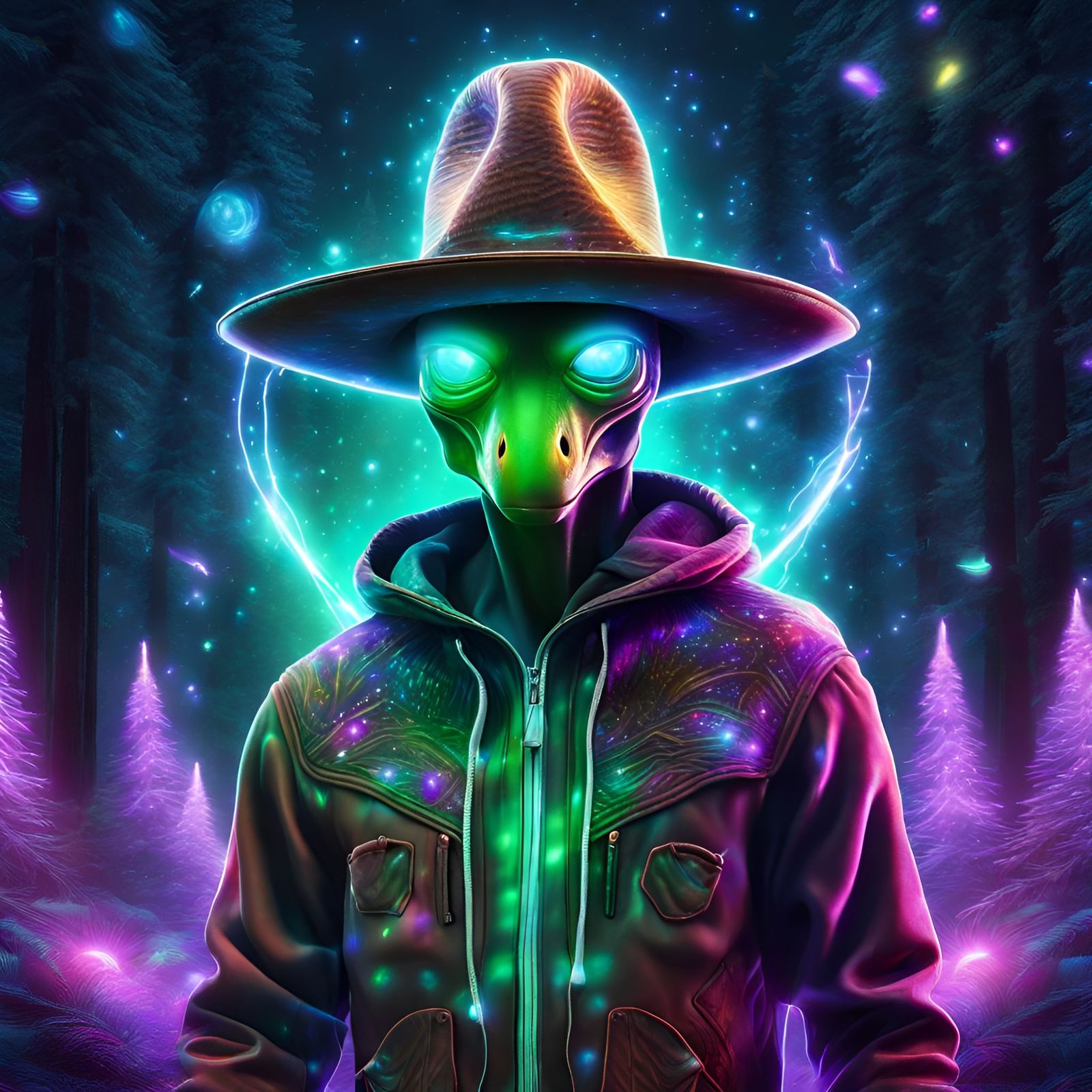 Alien Creature with Cowboy Hat in Forest