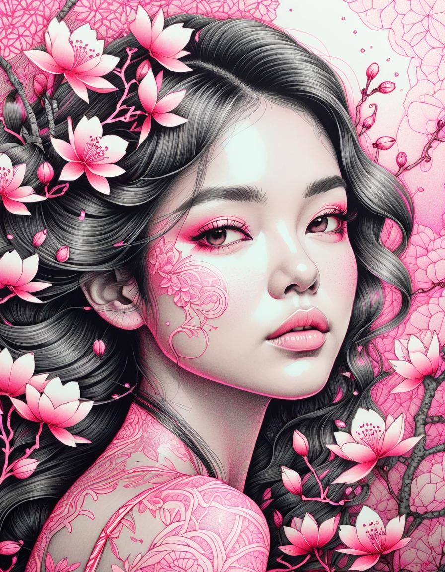 Neon Pink Stippling Portrait with Floral Accents