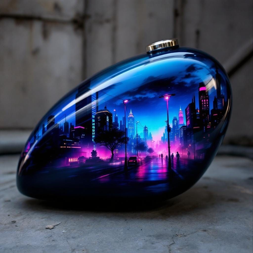 Cyberpunk Cityscape on Custom Motorcycle Tank