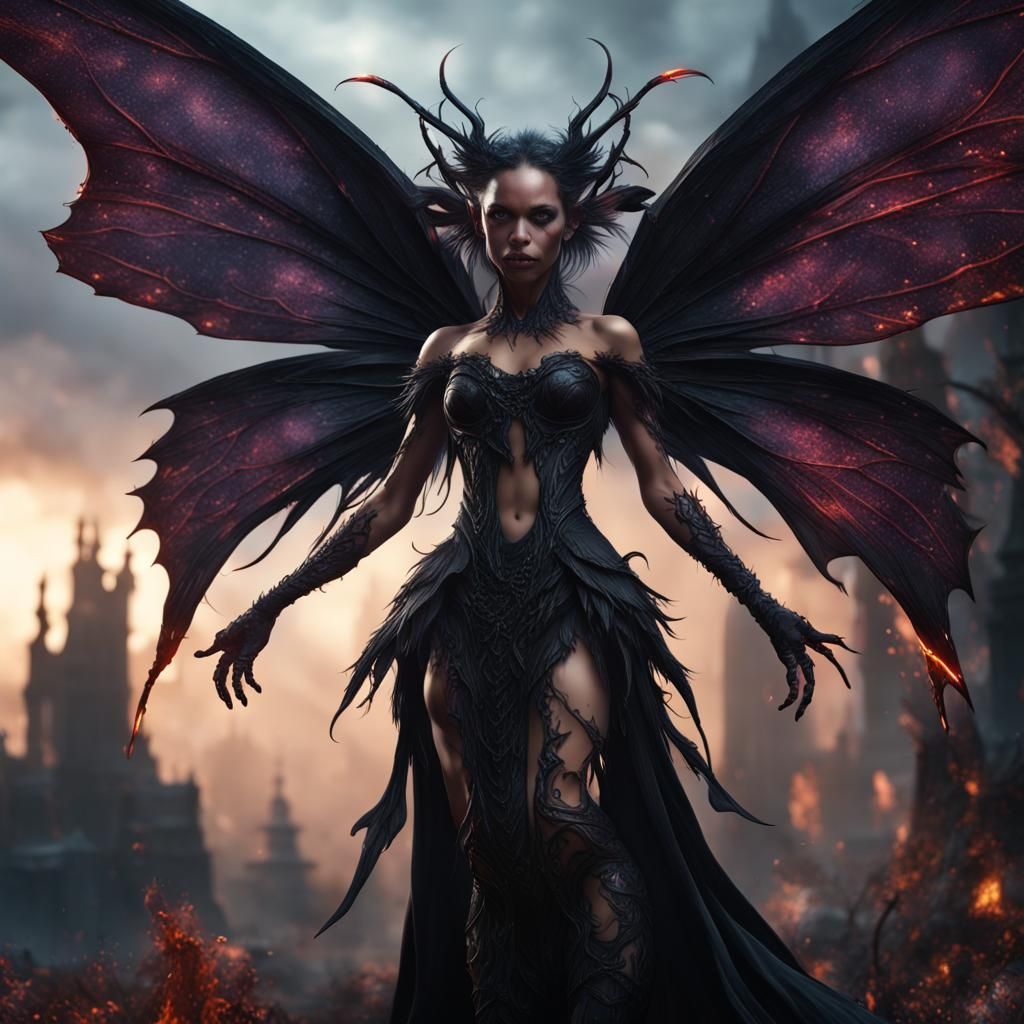 Demonic Black Fairy in Detailed Matte Painting Style