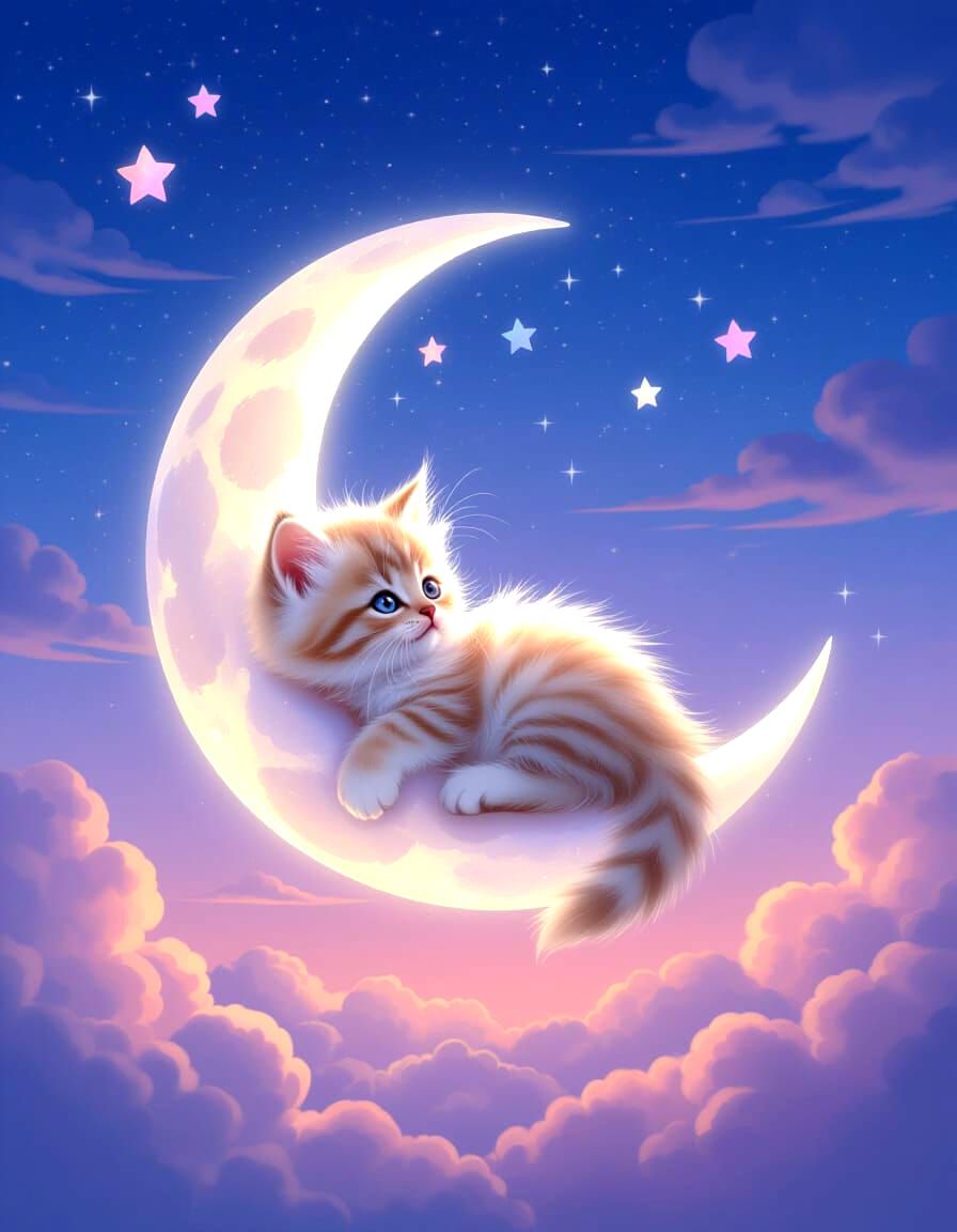 Fluffy Kitten on Moon in Dreamy Twilight Sky