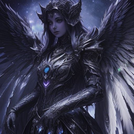 Cosmic Dark Angel with Bioluminescent Wings