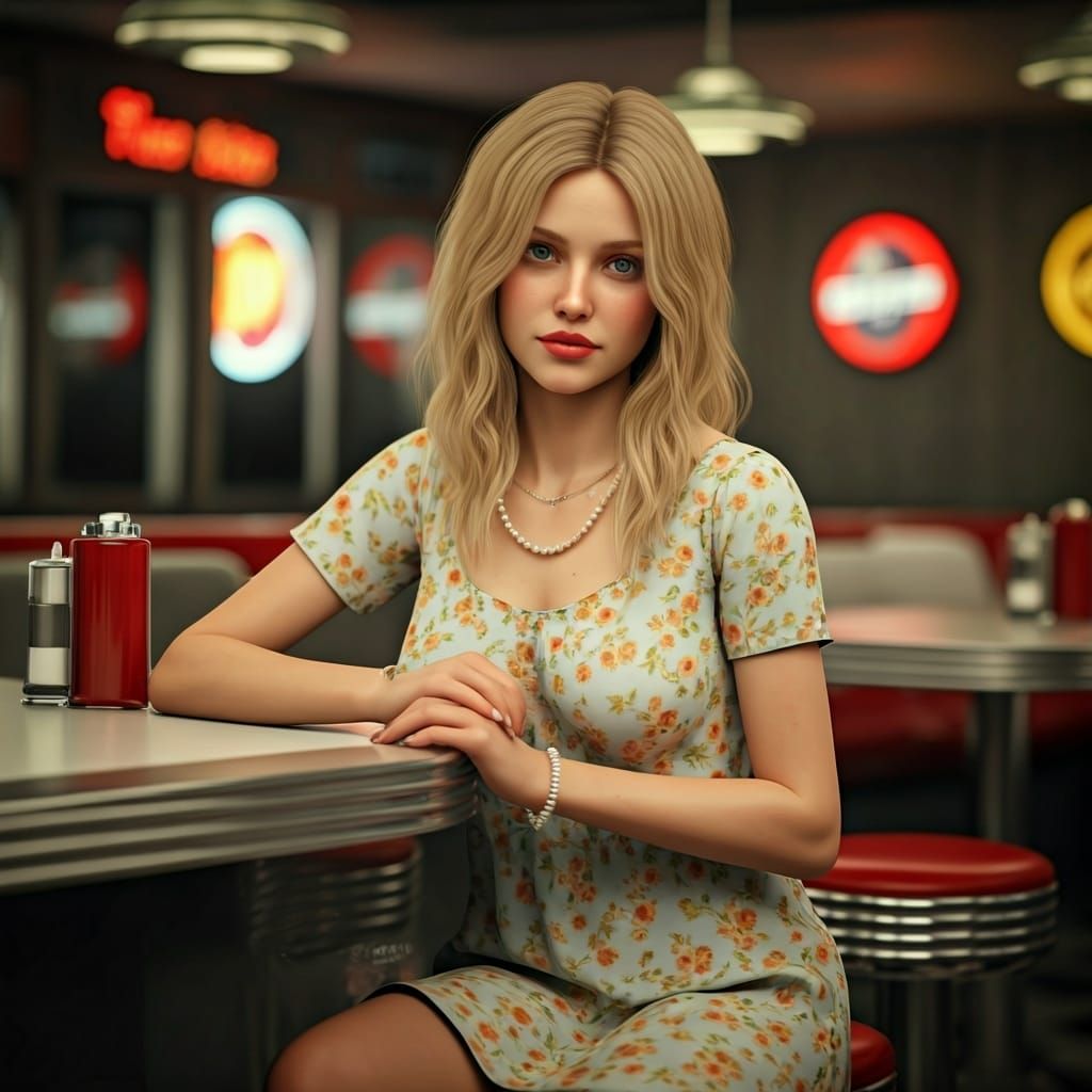Blonde in 70s Diner: Hyperrealistic Portrait