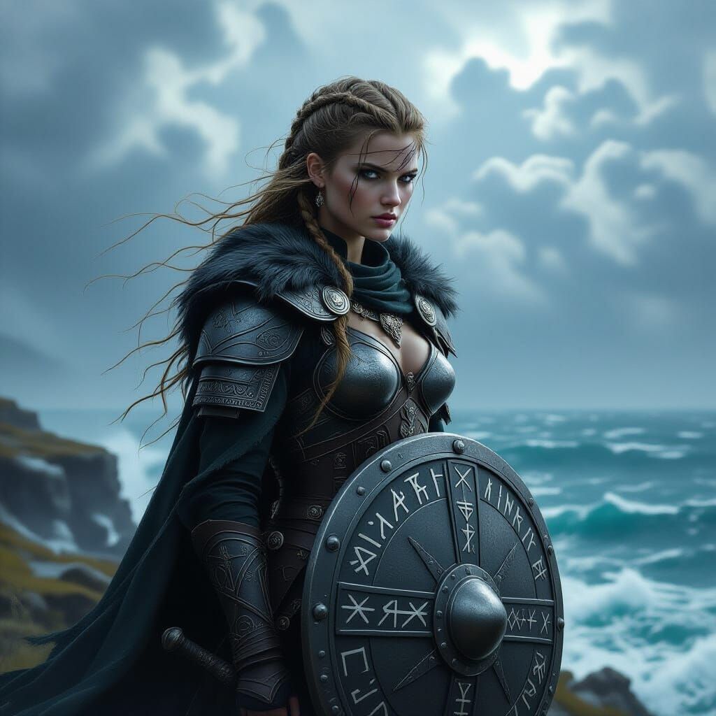 Shieldmaiden on Cliff Overlooking Turbulent Sea