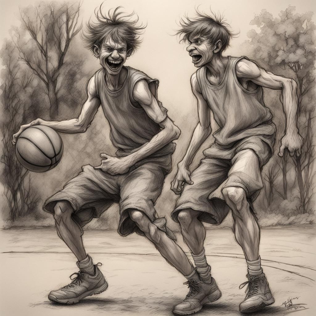 Two ugly brothers with stupid grins and bad skin playing basketball