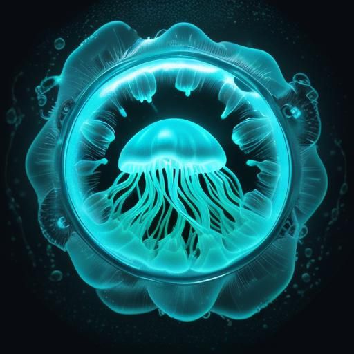 Bioluminescent Jellyfish Hybrid in Sinister Liquid Backgroun...