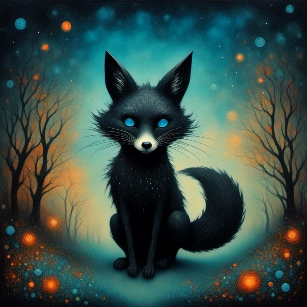 Smokey Fox with Blue Eyes in Starry Night