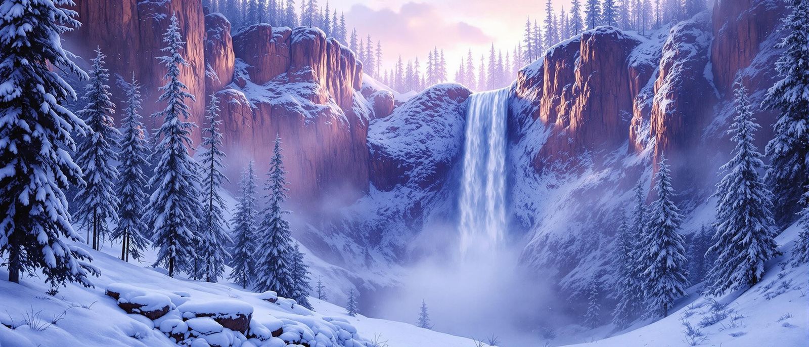 Winter Wonderland Waterfall in Snowy Forest
