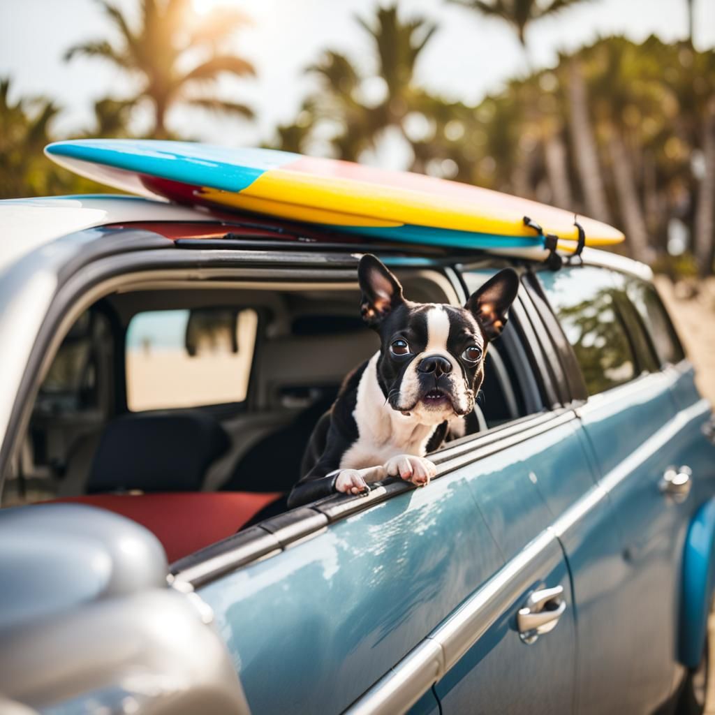 Boston Terrier Dog Driving to Beach with Surfboards