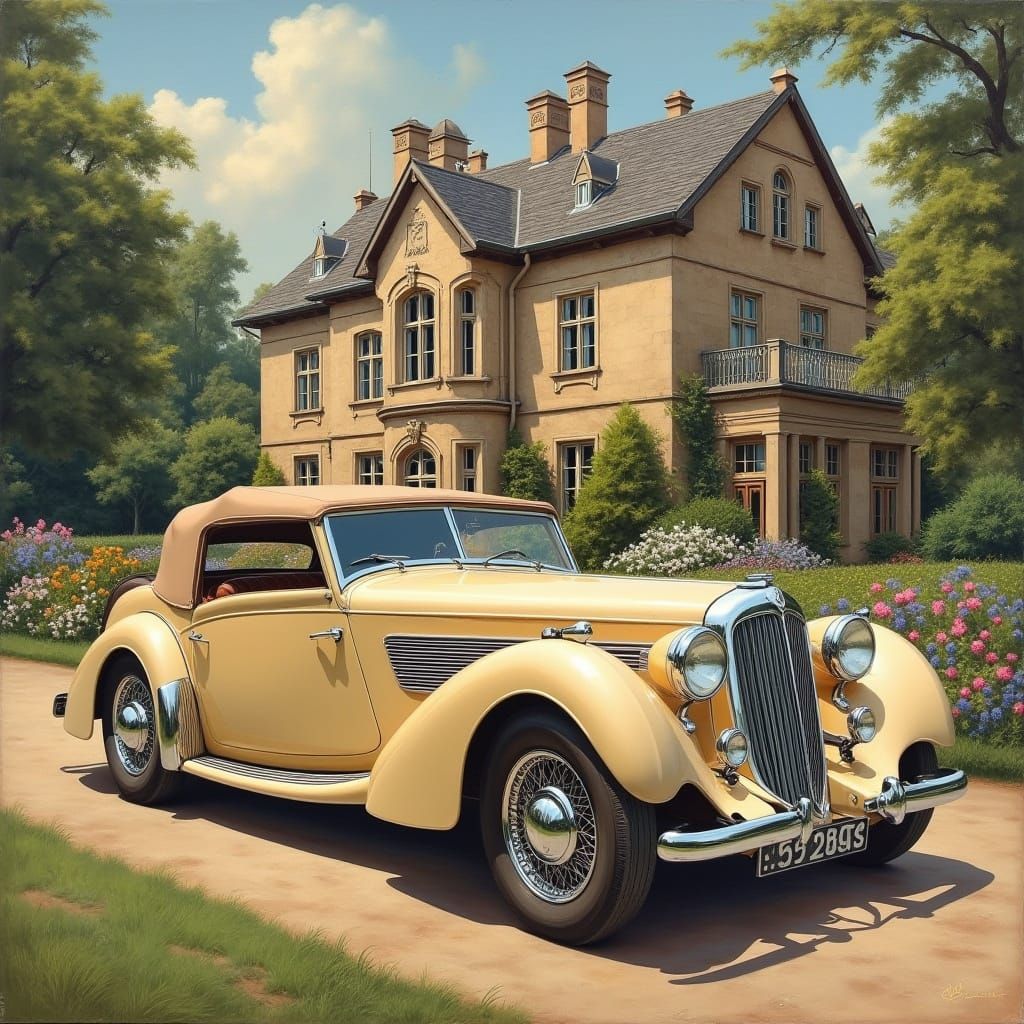 Vintage Convertible Shines in Front of Elegant Mansion