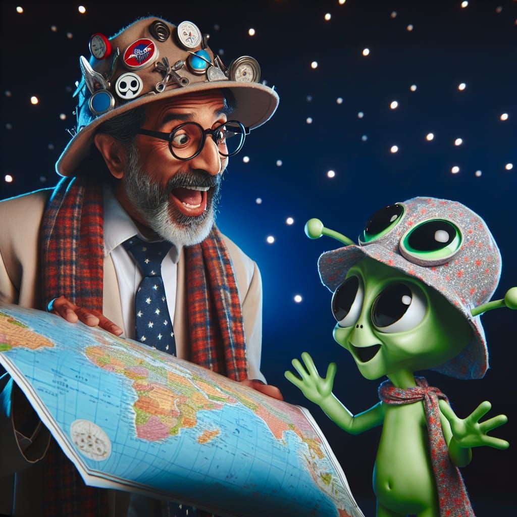 Ufologist Meets Whimsical Alien Under Starry Sky