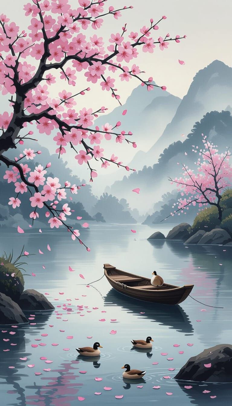 Serene Lakeside Spring Scene with Cherry Blossoms