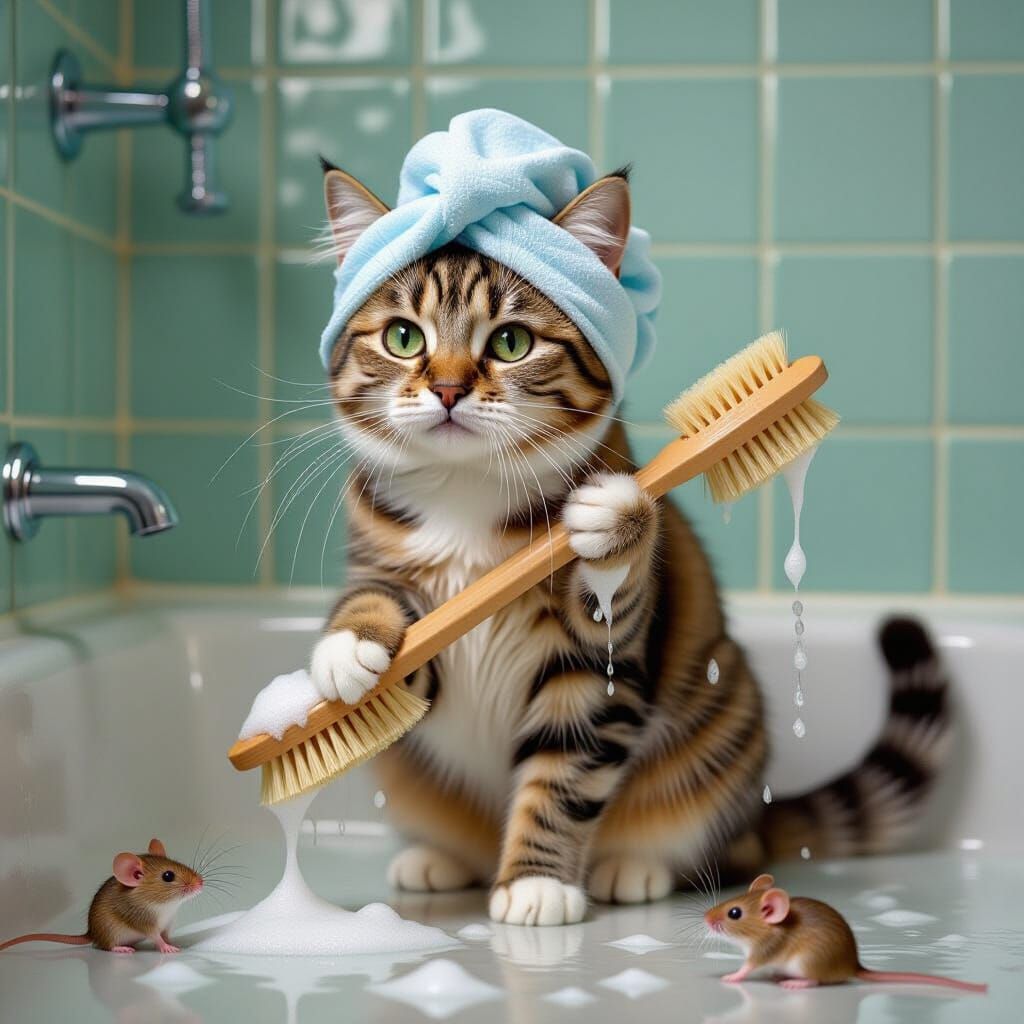 Cat Showering with Mouse Friends in Hyper-Realistic Style
