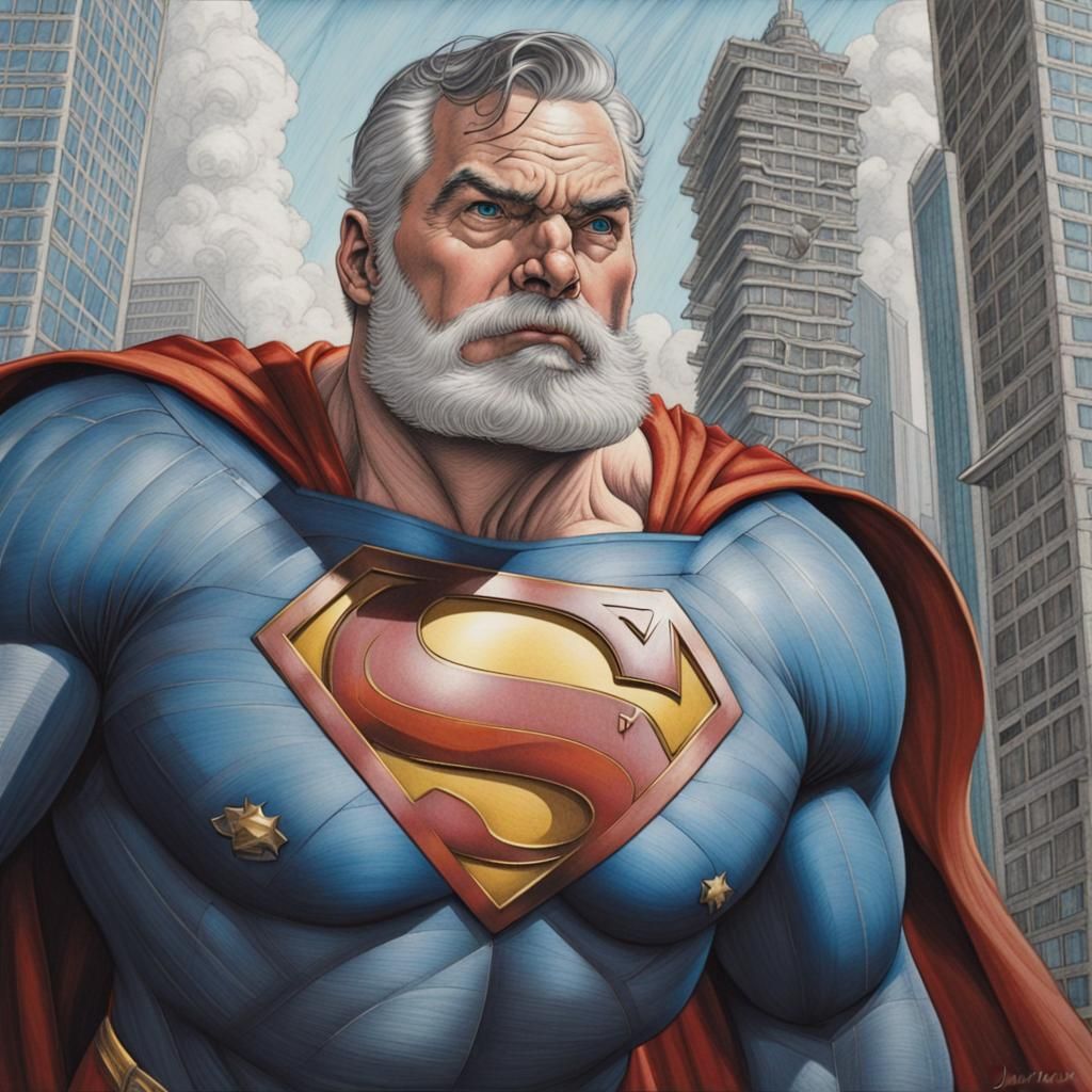 Overweight Superman Soars in Colored Pencil Style