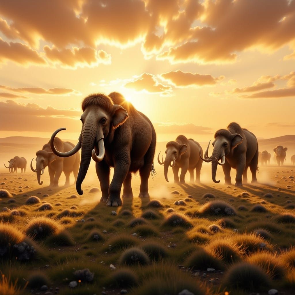 Majestic Mammoths Roam Golden Sunset in Cinematic Hyperreal ...
