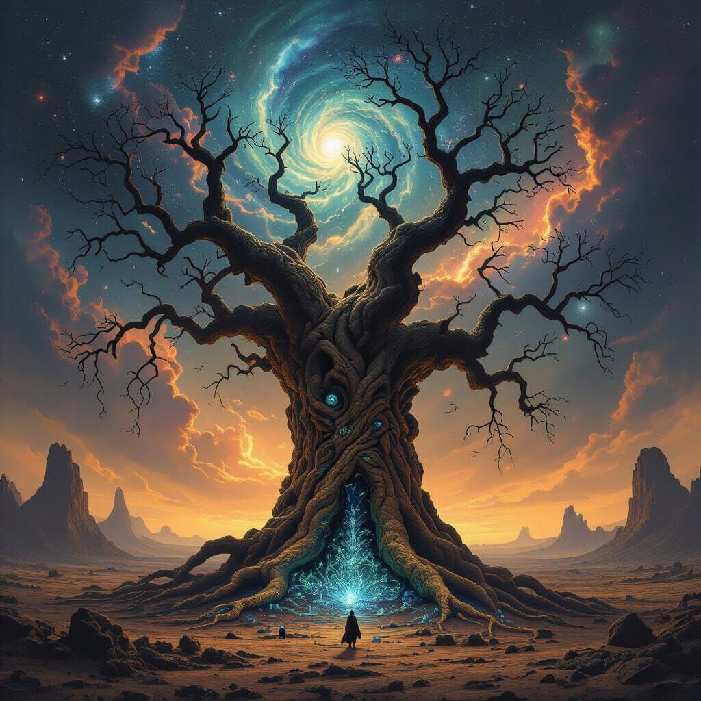 Imagine a colossal, ancient tree dominating a desolate, alie...
