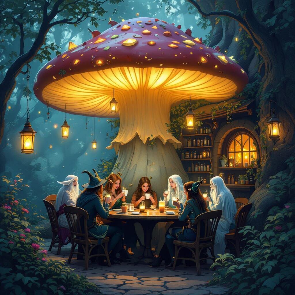 Magical Mushroom Cafe With Fae and Spectral Patrons