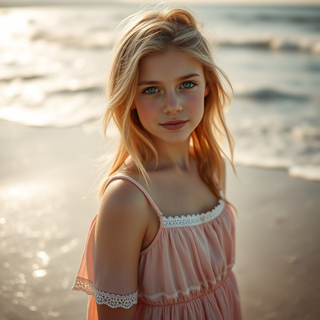 Golden-Haired Girl on Beach in Hyperrealism