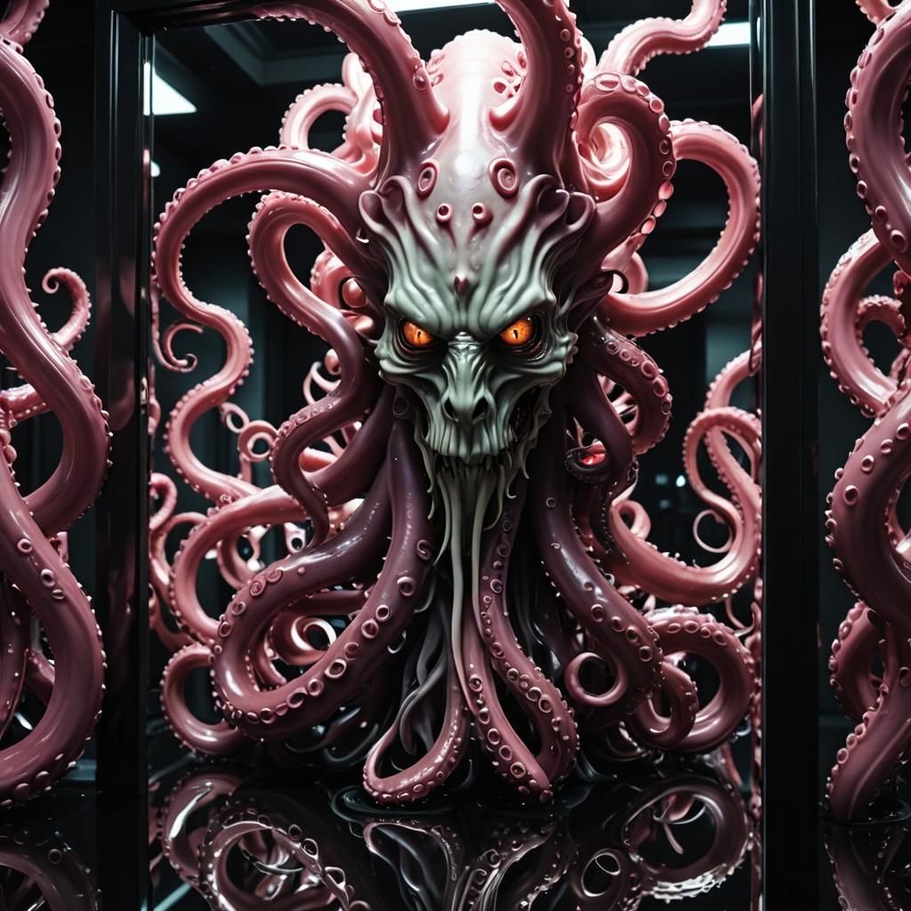 Tentacle Demon in Mirror Reflections with Gloomy Distortions