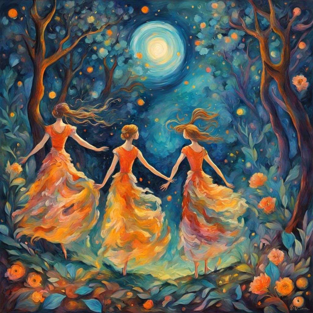 Ethereal Dancers Dance Under the Full Moon in an Art Nouveau...