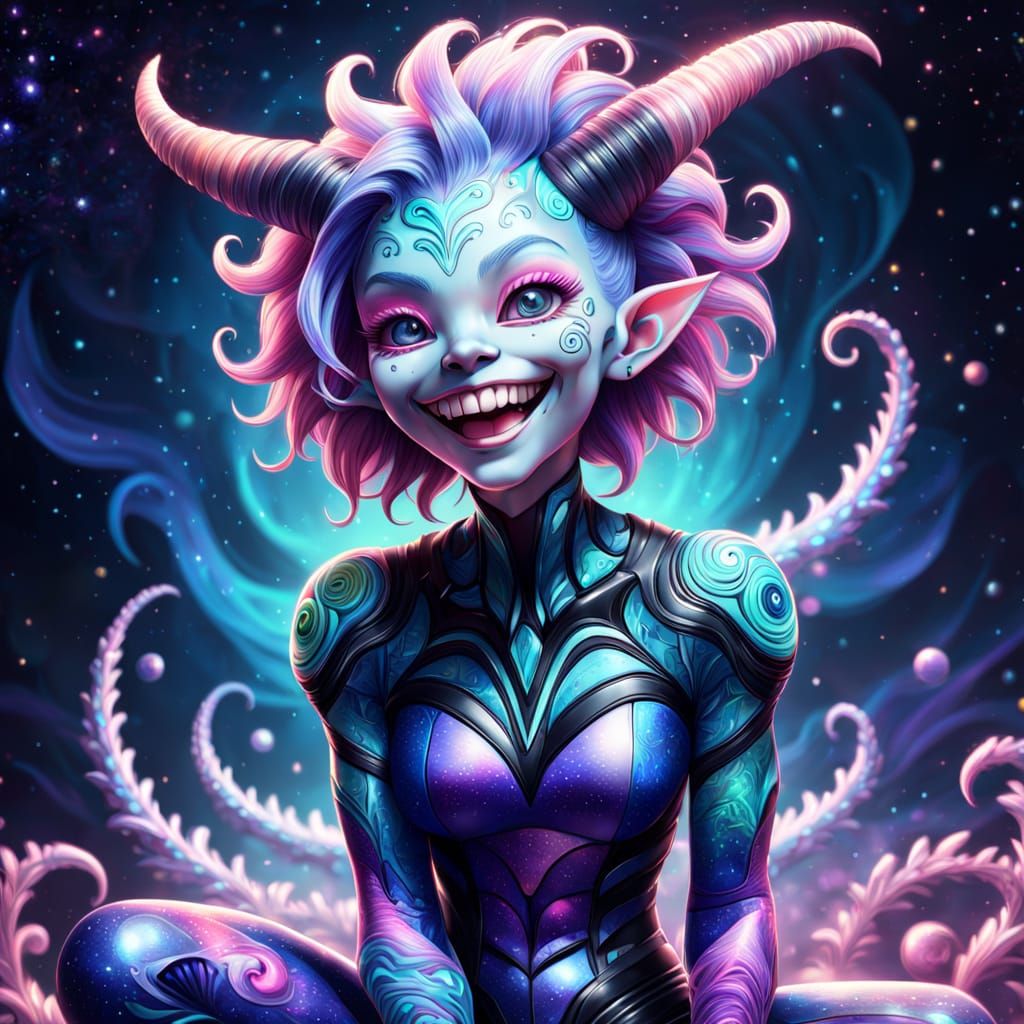 Vibrant Anime Alien-Humanoid Goddess with Cosmic Tattoo