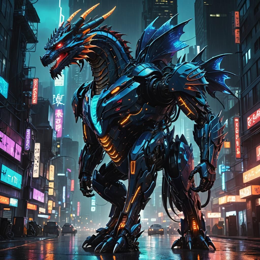 Cyberpunk Dragon Transformer in Neon Cityscape