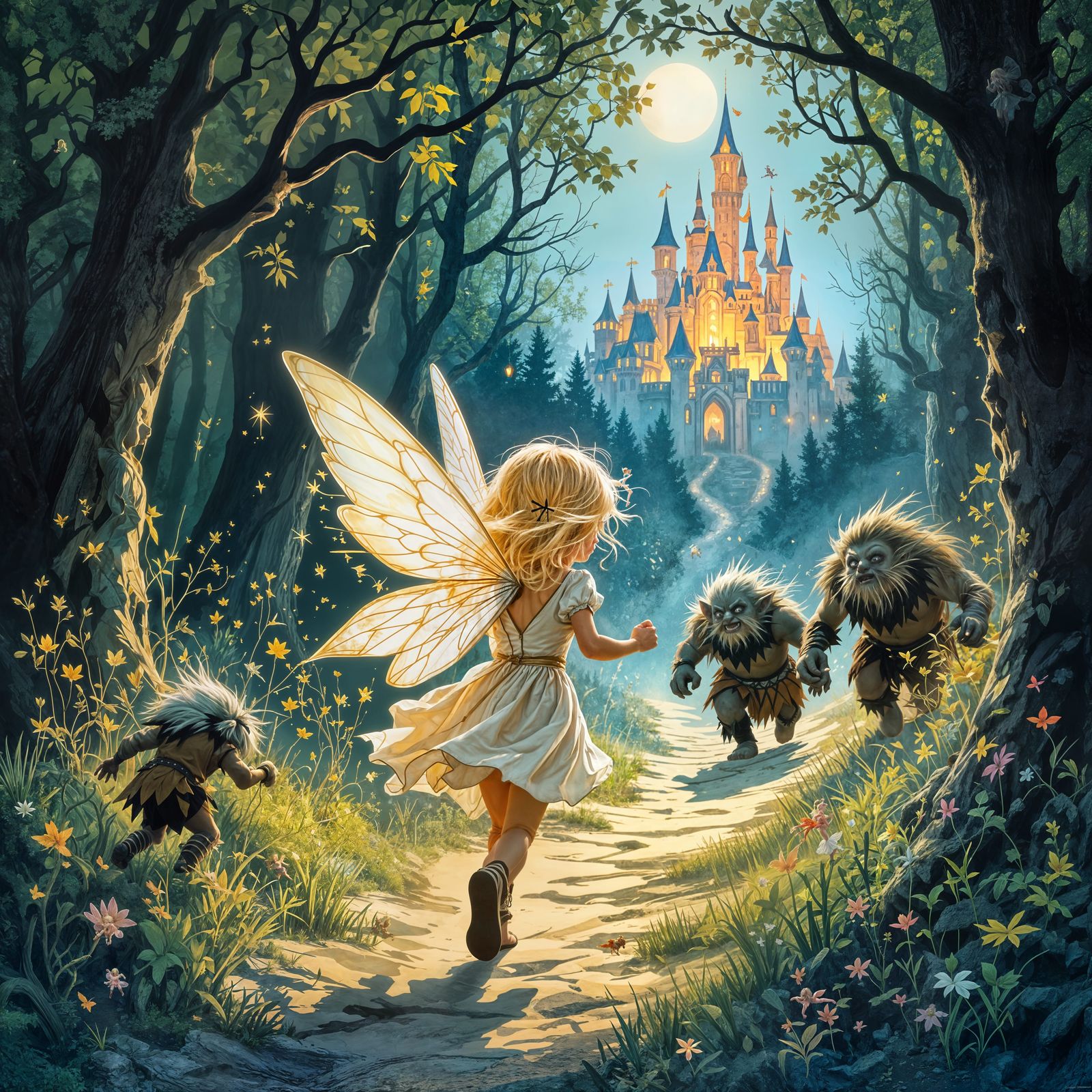 Fairy Girl Flees Trolls to Magic Castle in Enchanted Forest