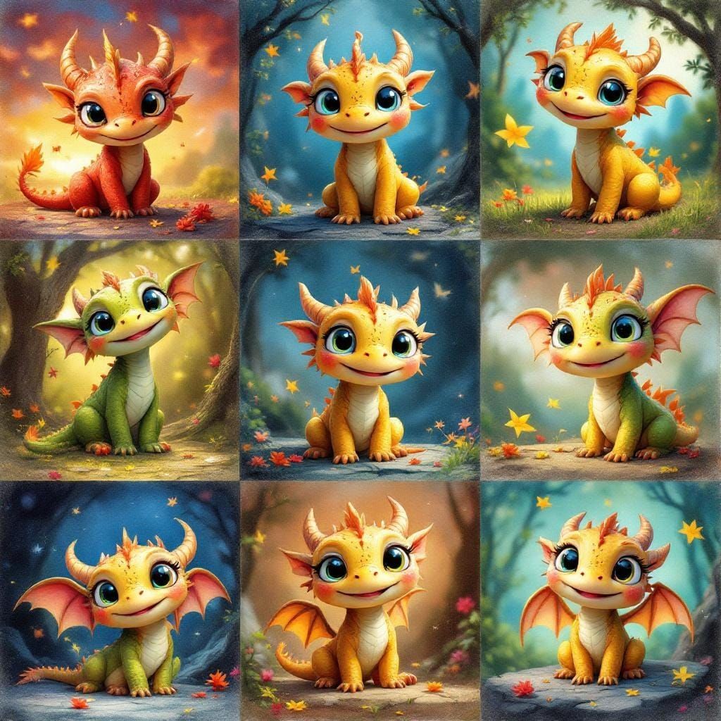 Nine Cute Dragons Collage in Storybook Style