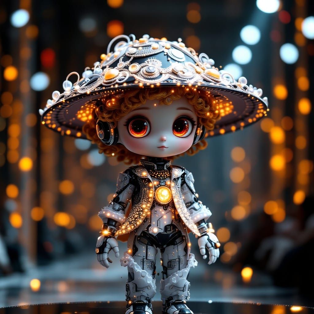 Chibi Fashion Robot in Hypermaximalist Fashion Show Backdrop