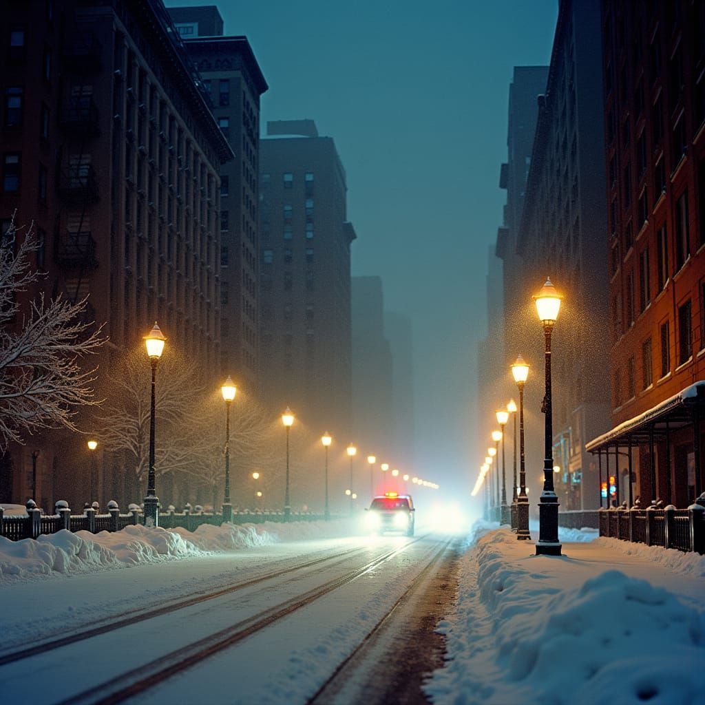 Snowy New York Street Scene at Night