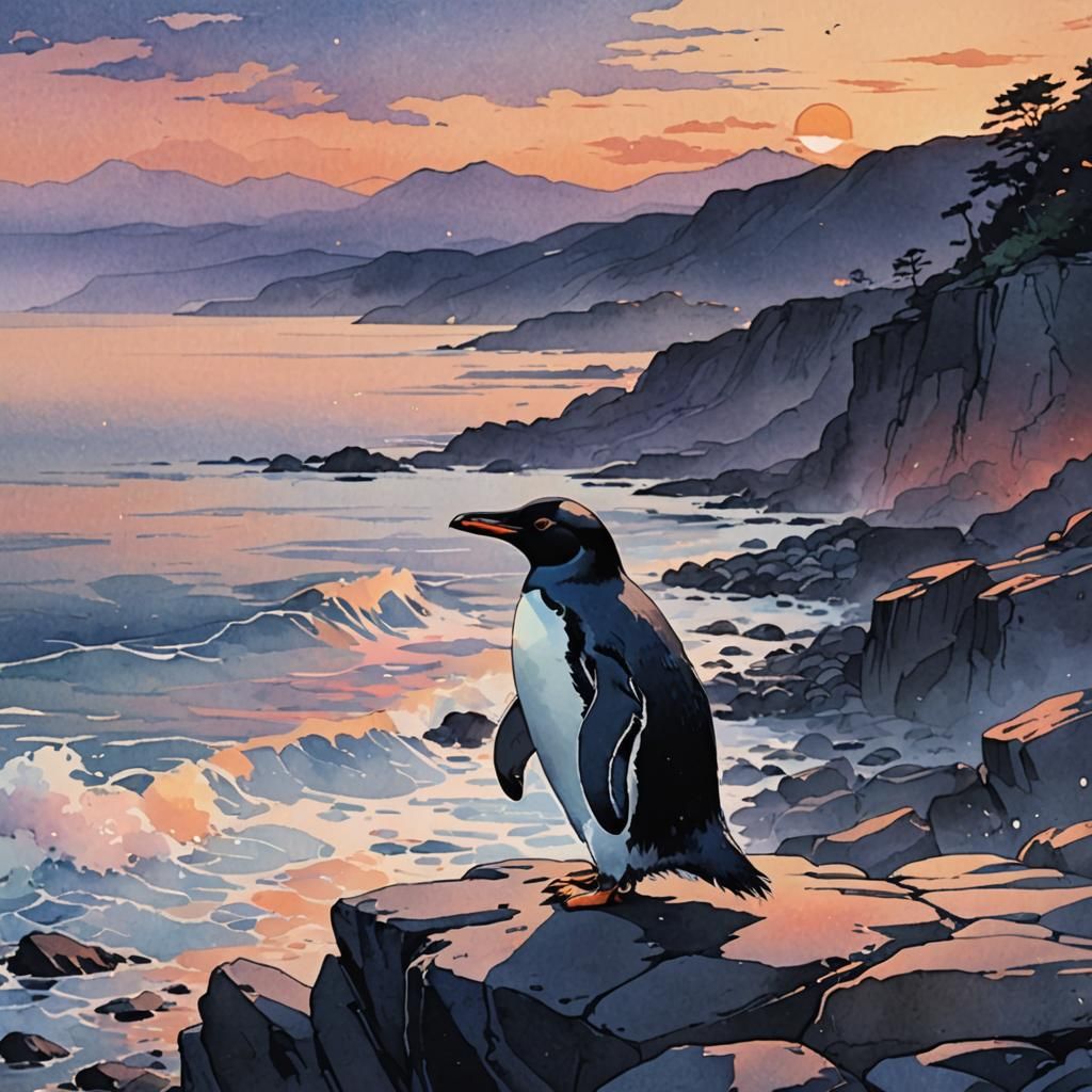 Lonely Penguin at Dusk in Anime Key Visual