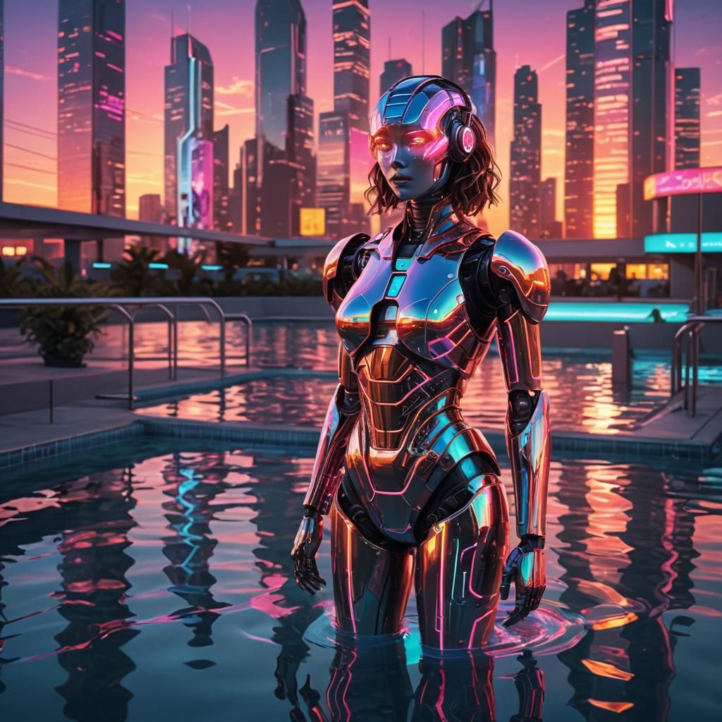 Futuristic Robot in Swimming Pool Neon Art