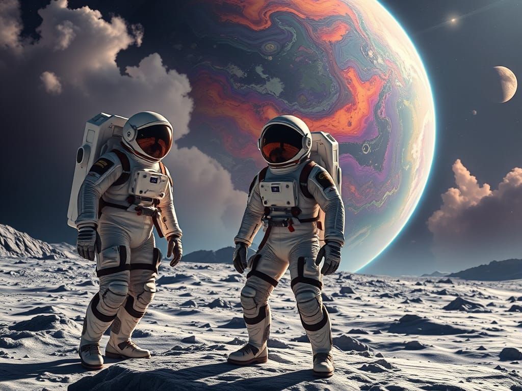 Astronauts on a Distant Moon in Vibrant, Hyperrealistic Styl...