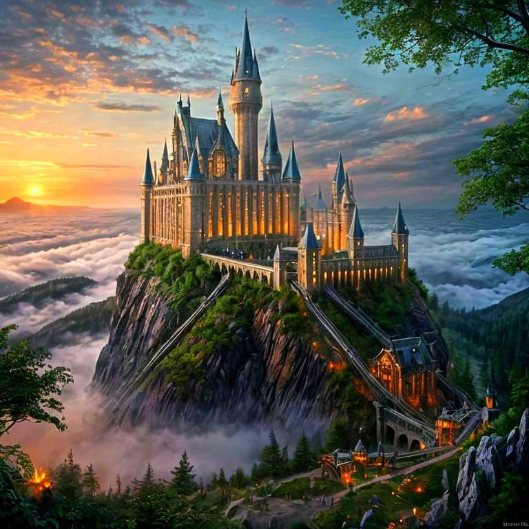 Ethereal Hogwarts Castle at Sunset