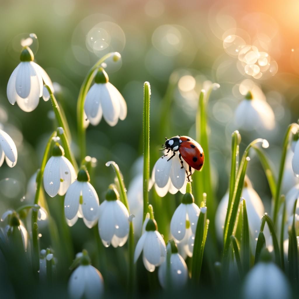 Ladybug and Dew-Kissed Snowdrops at Sunrise
