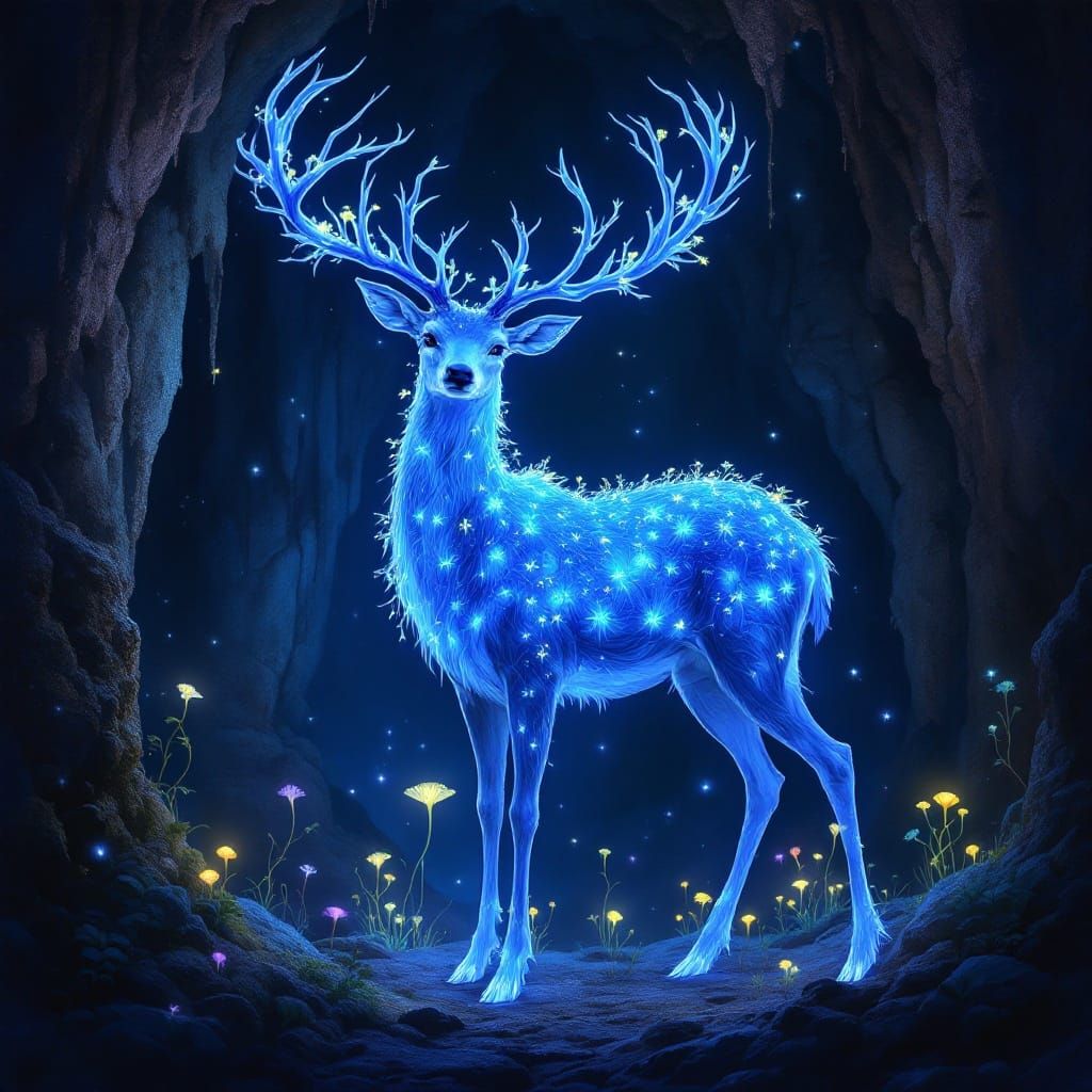 Majestic Blue Deer in Bioluminescent Cave