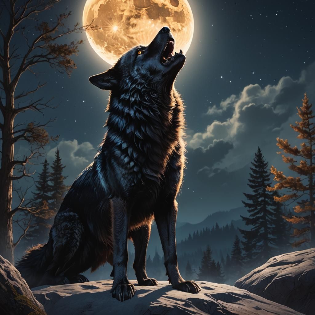 Black Wolf Howling at Moon: Fantasy Illustration