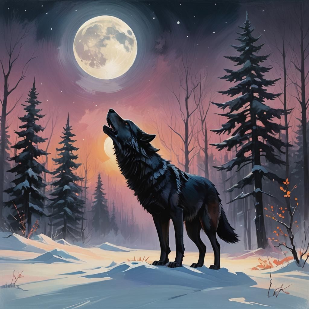 Black Wolf Howling at Moon in Oil Painting