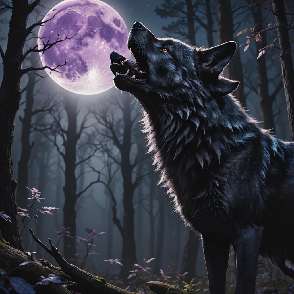 Black Wolf Howling at Moon in Magical Realism