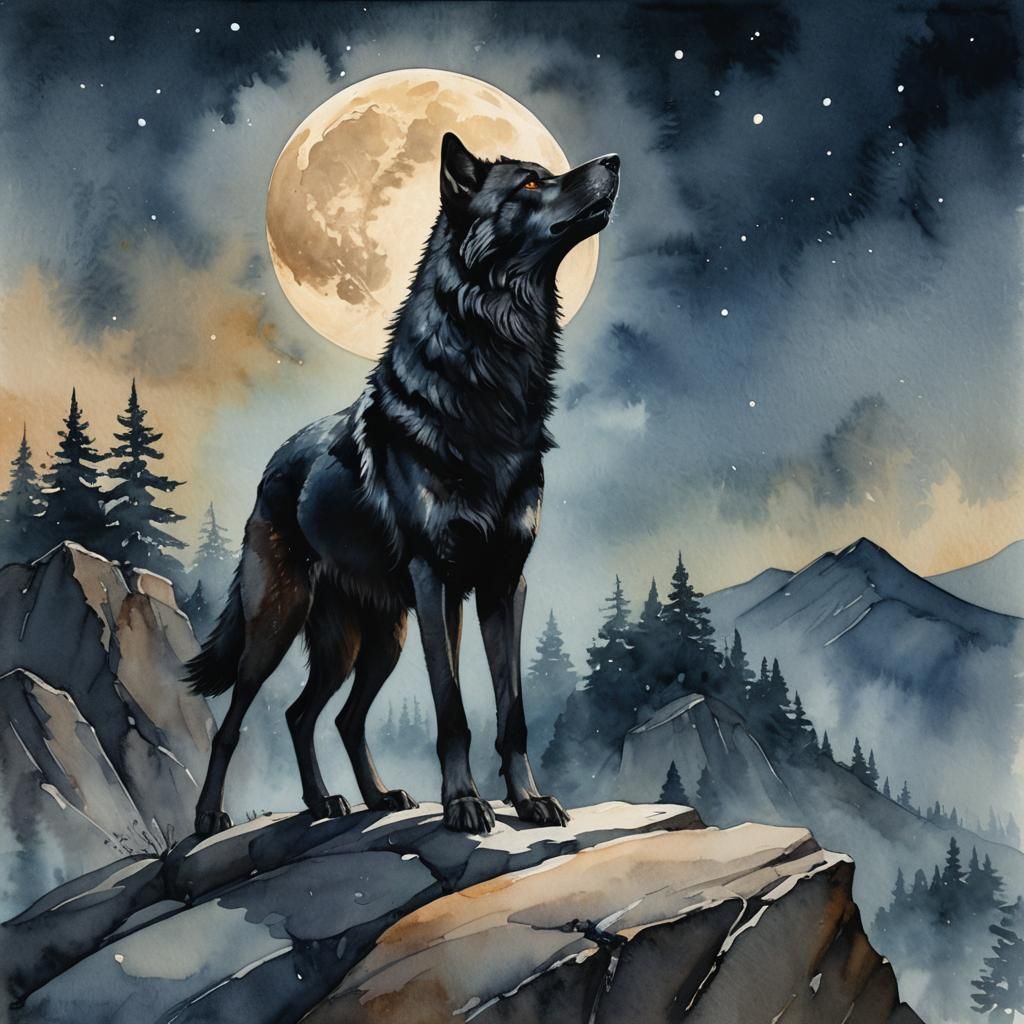 Dramatic Black Wolf Howling at Moon in Watercolor