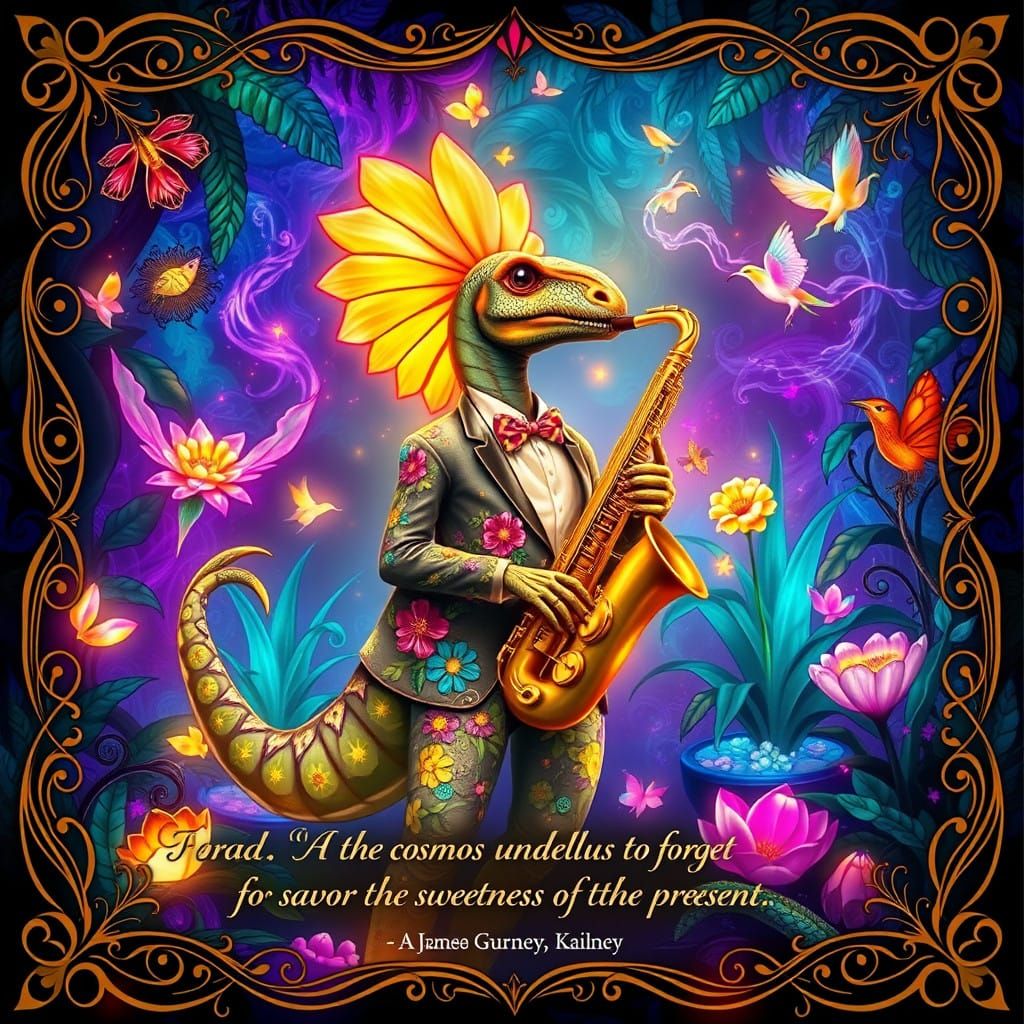 A Dreamlike Art Nouveau Scene of a Parasaurolophus Playing S...