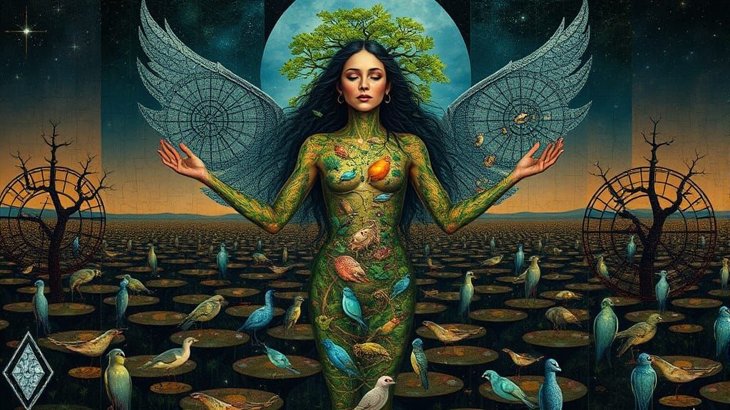 Surreal Bio-Art Woman Blends Ecosystems and Vibrant Colors