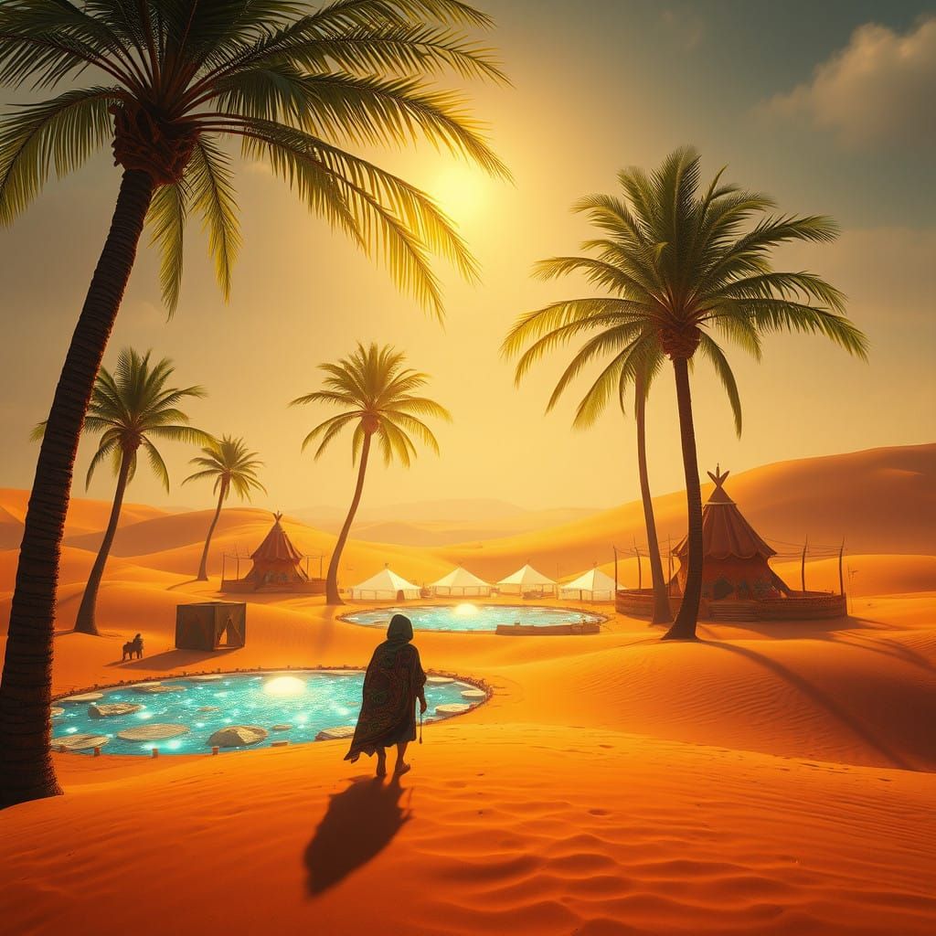 Enchanting Golden Desert Oasis with Palm Trees and Vibrant T...